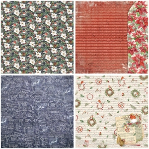 Detail of vintage Christmas scrapbook paper featuring floral patterns and music notes