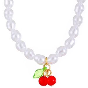Sweet vintage cherry pearl necklace with irregular pearls and red cherry pendant charms