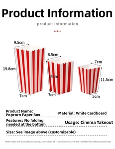Size chart for red and white striped popcorn boxes in small, medium, and large dimensions