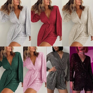 Chic sequined deep V-neck long sleeve romper dress with waist tie in multiple colors