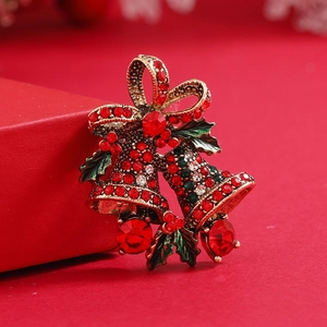 Christmas Double Bell Brooch Pin Alloy Colorful Rhinestone Bow Holly Leaf Retro Festive Jewelry Accessory For Women