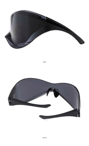 Side and back view of Y2K futuristic wrap around sunglasses in matte black finish