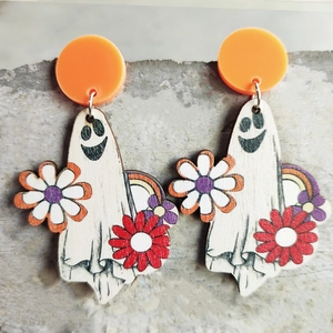 Halloween ghost wooden drop earrings with floral pumpkin patterns and rainbow details