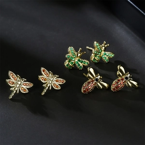Gold insect stud earrings set with bee and dragonfly designs and colorful gemstones