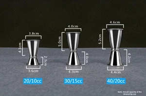 Detailed dimension chart for 20-40cc stainless steel double-head cocktail jigger cups