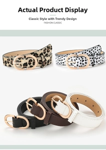 Detail of five assorted women belts featuring gold double O-ring buckles and leopard patterns