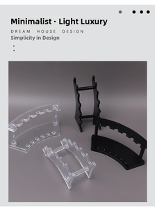 Close-up of tiered acrylic organizer rack in black and clear for pens and brushes
