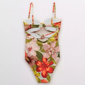 Maillot de bain une pièce pour femme avec imprimé floral tropical et nœud noué au dos