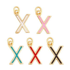 Close-up of five colorful enamel letter X pendants in gold metal frames