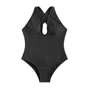 Women's black backless one-piece swimsuit with halter neck and cutout chest detail