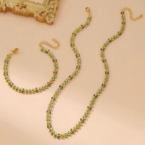 Stainless Steel Necklace And Bracelet Colorful Enamel Leaf Gold Plated Bohemian Style Fashion Jewelry For Women