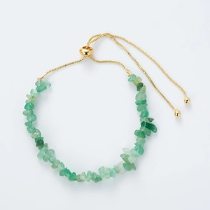 Adjustable green crystal bead bracelet with irregular stones and golden metal chain