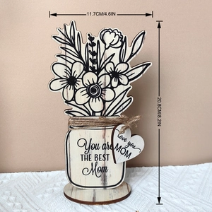 Close-up of Mother's Day wooden flower vase ornament with heart tag and engraving