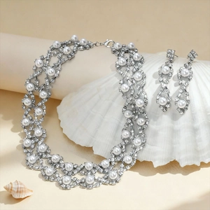 Elegant silver-tone rhinestone and pearl choker necklace with matching floral earrings set
