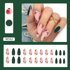 Matte dark green almond press-on nails with delicate floral hand-painted art designs