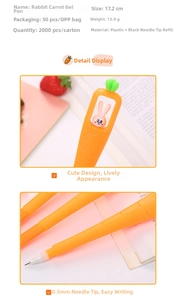 Detail view of 0.5mm black needle tip and specifications of the rabbit carrot gel pen