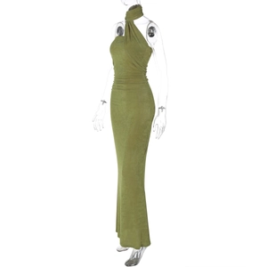 Side view of green strapless maxi dress with gathered waist detail on transparent mannequin
