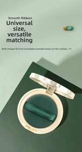 Detail view of round green air cushion puff with smooth ribbon in a beige compact case