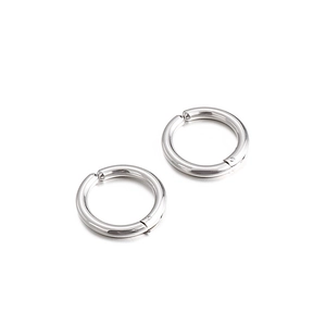 Pair of minimalist silver stainless steel clip-on hoop earrings on a clean white background