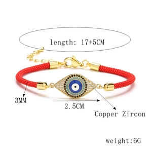 Detailed size parameters of adjustable red Milan rope evil eye bracelet with copper zircon