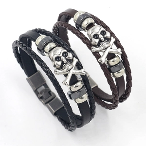 Punk retro skull leather beaded bracelets set in black and brown woven design