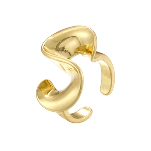 Detail of gold irregular wavy twisted metal ring with polished finish on white background