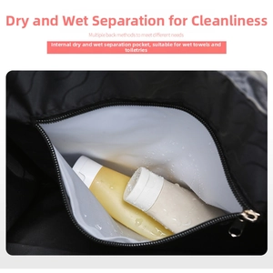 Detail of waterproof wet pocket inside dry wet separation gym bag for toiletries