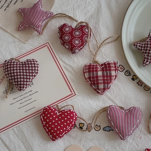 Christmas Ornaments Hanging Fabric Heart Star Shapes Plaid Polka Dot Red White Pattern Cotton Jute Rope Home Decor