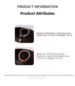 Detail view of S925 silver beaded bracelets with green phantom quartz and amber stones