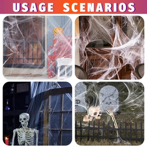 Usage scenarios of stretchy white cobweb and black plastic spiders for Halloween decor