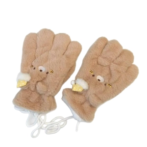 Brown plush cartoon animal gloves for children with warm fleece lining and hanging neck rope