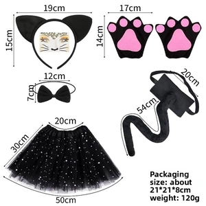 Detailed view of Halloween cat cosplay set including ears, gloves, bow tie, tail, and skirt