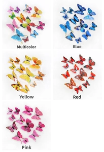 3D butterfly wall stickers in colorful, blue, yellow, red, and pink varied set options