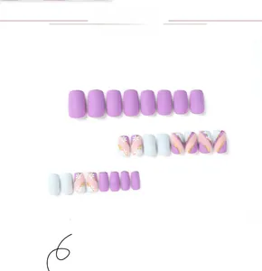 Short square press-on nails set with purple, blue, white flowers and gold foil accents
