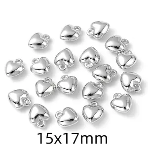 Polished silver heart-shaped CCB pendants for DIY jewelry making, size 15x17mm
