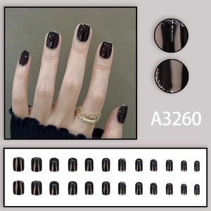 Elegant black french square press-on nails with silver glitter edges for daily wear