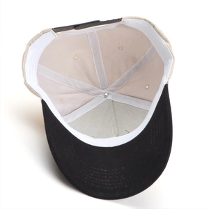 Internal view of color-block baseball cap with adjustable strap and inner sweatband