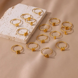 Adjustable 18k gold plated stainless steel twisted rope ring with letter pendant