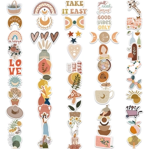Detailed grid of waterproof Bohemian graffiti stickers with motivational quotes on white background