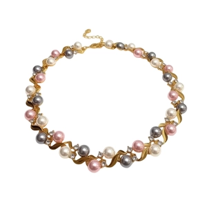 Vintage style gold necklace with white, pink and grey pearls and crystal lace details