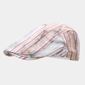 Detail view of striped flat cap with vintage distressed texture and side metal buckle