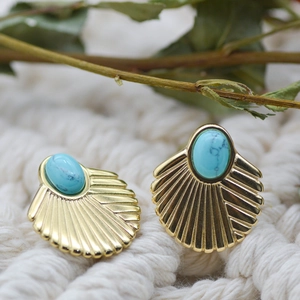 Bohemian 18K gold stainless steel scallop earrings with natural turquoise stone inlay