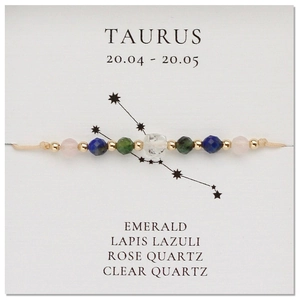Detail van Stier-sterrenbeeldarmband met natuurlijke smaragd, lapis lazuli en roze kwarts