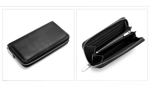 Detail of black lychee grain leather wallet showing zip closure and internal multi-card slots
