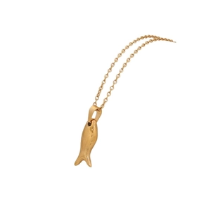 Polished gold fish pendant necklace in minimalist stainless steel on white background