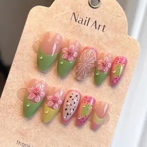 Press On Nails Almond Shape 3D Flower Fruit Design Artificial Fake Nails With Rhinestones Artificial Pearls French Style Sweet