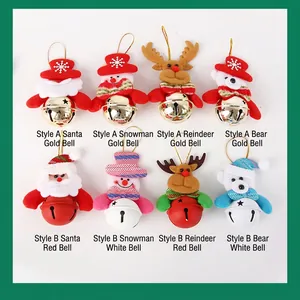 Detail of Christmas plush pendants with Santa, Snowman, Deer motifs and metal bells