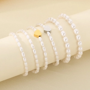 Heart Pendant Beaded Bracelet Vintage French Style Glass Artificial Pearl Jewelry With Adjustable Clasp For Women