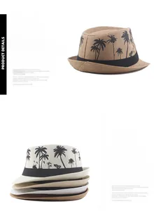 Detail of palm tree print and fine woven texture on men's summer straw fedora hat