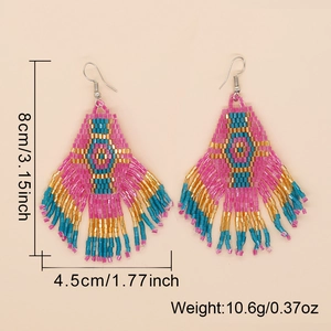 Bohemian beaded tassel earrings with vintage geometric pattern and dimensions 8cm by 4.5cm